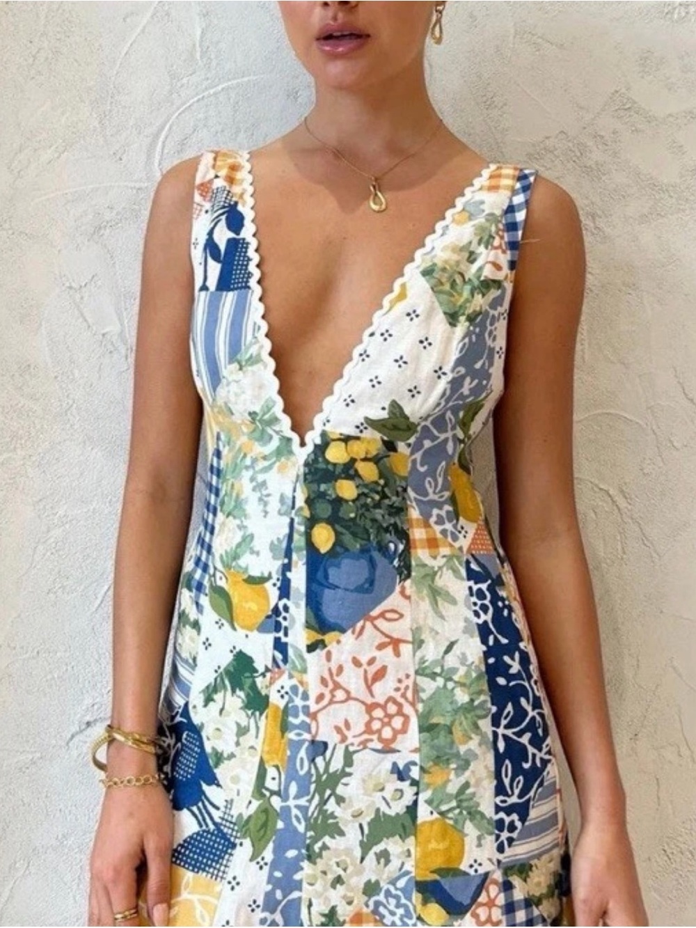 Commense Lemonade Patchwork  Maxi Dress - Blue, Yellow & White Deep-V neck - Picture 5 of 11
